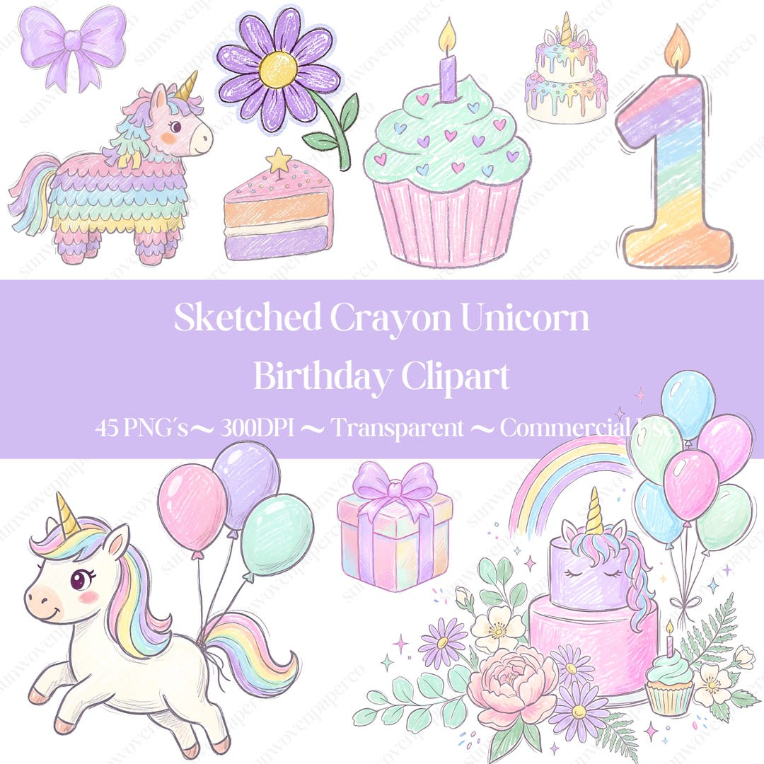 Pastel Unicorn Birthday Clipart Bundle, Crayon Sketched Unicorn PNG ...