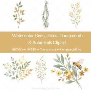 May include: Watercolor clipart featuring botanical elements, bees, and honeycomb designs. The image includes various floral arrangements in shades of green, yellow, and brown, with the text "Watercolor Bees, Hives, Honeycomb & Botanicals Clipart".