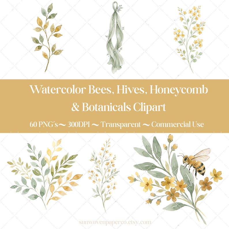 May include: Watercolor clipart featuring botanical elements, bees, and honeycomb designs. The image includes various floral arrangements in shades of green, yellow, and brown, with the text "Watercolor Bees, Hives, Honeycomb & Botanicals Clipart".