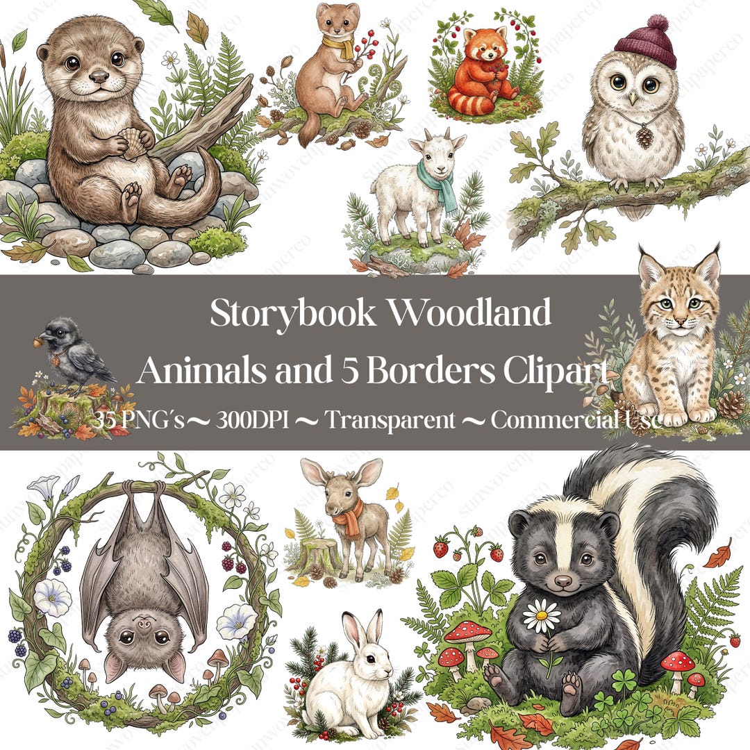 Woodland Storybook Animals Clipart Bundle, Watercolor Woodland Animals ...