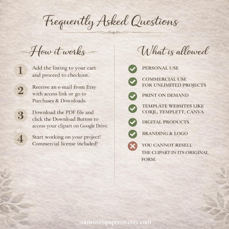 May include: A beige-toned graphic with the text "Frequently Asked Questions." The image details how to purchase and use clipart, including personal and commercial use. It also lists what is allowed and not allowed.