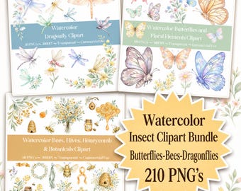 Watercolor Insect Clipart Bundle, Butterfly Bee Dragonfly PNG, Transparent Watercolor Clip Art, Commercial Use, Floral Botanical Graphics