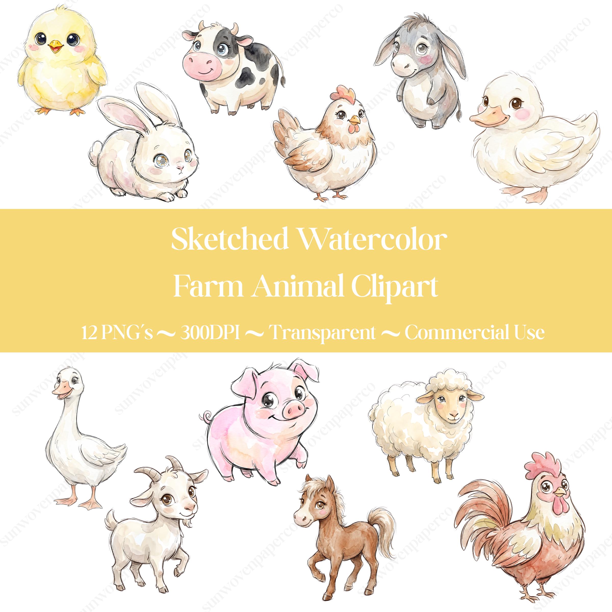 Farm Animal Clipart Bundle, Whimsical Watercolor Farm Animals PNG ...