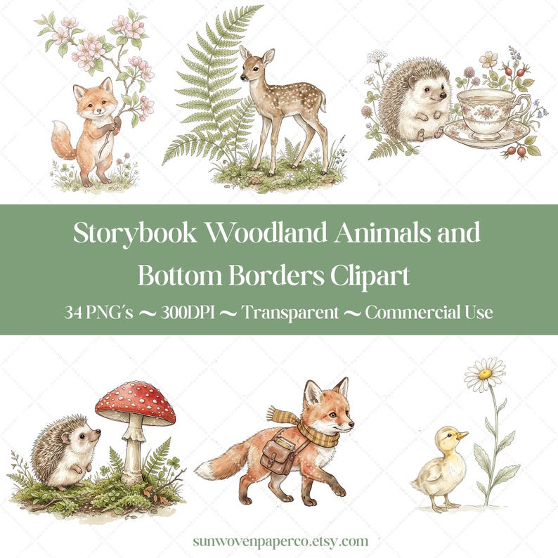 Może przedstawiać: Cyfrowa kolekcja akwarelowych ilustracji przedstawiających leśne zwierzęta, w tym lisa, jelonka, jeża i kaczątko, wraz z elementami botanicznymi, takimi jak paprocie, grzyby, kwiaty i filiżanka do herbaty, z nałożonym tekstem.