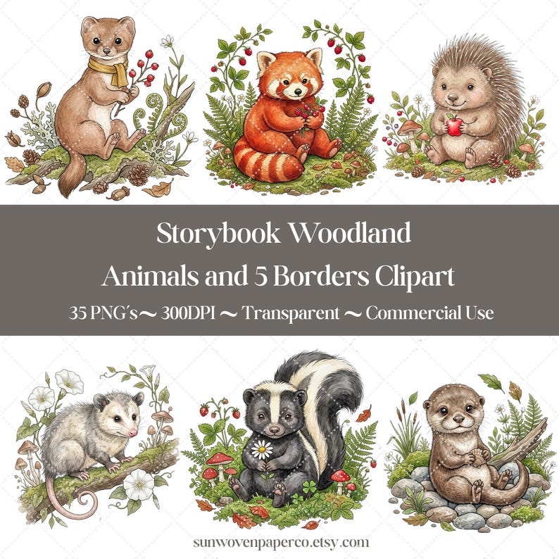 Woodland Storybook Animals Clipart Bundle, Watercolor Woodland Animals ...