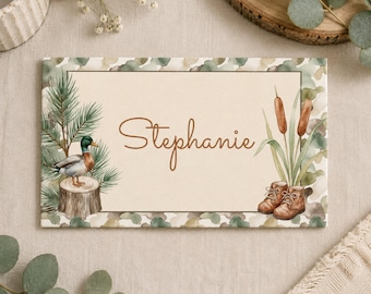 Hunter Baby Shower Place Cards, Mallard Duck Name Cards, Woodland Baby Shower Table Cards, Printable Rustic Camo Place Setting, Download