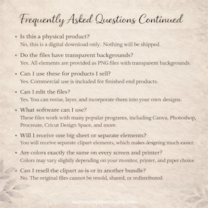 May include: A cream-colored page with the title "Frequently Asked Questions Continued" in elegant script. The page lists answers to common questions about digital downloads, including file formats, usage rights, and editing capabilities. The Etsy shop URL is at the bottom.