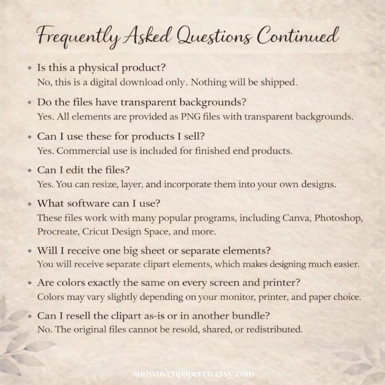 May include: A cream-colored page with the title "Frequently Asked Questions Continued" in elegant script. The page lists answers to common questions about digital downloads, including file formats, usage rights, and editing capabilities. The Etsy shop URL is at the bottom.