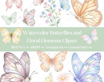 Watercolor Butterfly Clipart Bundle PNG, Floral Butterfly Clipart, 100 Pastel Butterflies and Flowers, Commercial Use, Instant Download