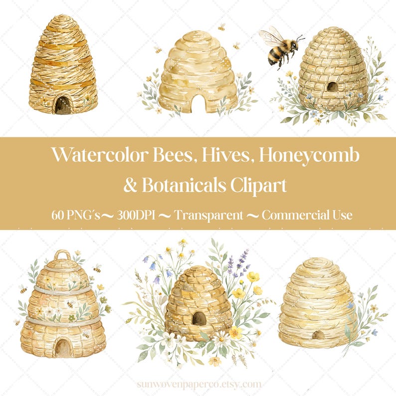 May include: Watercolor clipart featuring illustrations of beehives, bees, and botanical elements. The image includes various hive designs, floral arrangements, and flying bees. Text on the image reads "Watercolor Bees, Hives, Honeycomb & Botanicals Clipart."