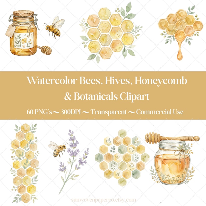 May include: Watercolor clipart featuring bees, honeycombs, and botanical elements. The image includes a jar of honey, a honey dipper, and various honeycomb designs. The text reads "Watercolor Bees, Hives, Honeycomb & Botanicals Clipart".