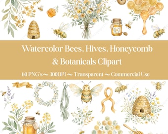 Aquarel Bee clipart bundel PNG, honingbij bijenkorf honingraat botanische clipart, commercieel gebruik, planner sticker uitnodigen, schattige bij clipart