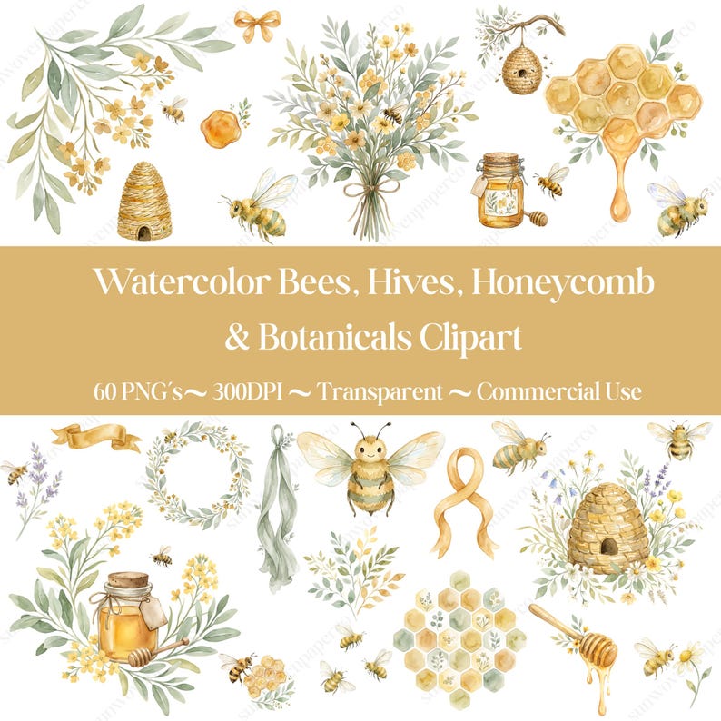 May include: Watercolor clipart featuring bees, honeycombs, hives, and botanical elements. The image includes illustrations of bees, honey jars, and floral arrangements. Text on the image reads "Watercolor Bees, Hives, Honeycomb & Botanicals Clipart".