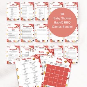Baby-Q ベビーシャワーゲームバンドル、印刷可能なBBQベビーシャワーゲーム20種類、赤いギンガムチェックのベビーシャワーゲームパック、裏庭BBQベビーシャワーゲーム