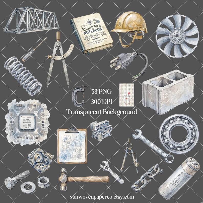 Engineering Clipart Bundle Watercolor PNG, 58 STEM Graphics, Blueprint ...