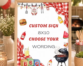 Baby-Q Custom Sign, BBQ Baby Shower 8x10 Printable Personalized Sign, Choose Your Wording, Red Gingham Baby Shower Table Sign, Cookout Sign