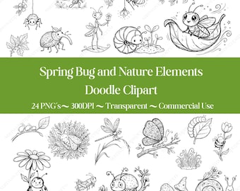 Spring Bugs Clipart Bundle, Black Line Bug Clipart, Whimsical Doodle Insect, 24 PNG Transparent, Teacher Planner Commercial Use, Insect PNG