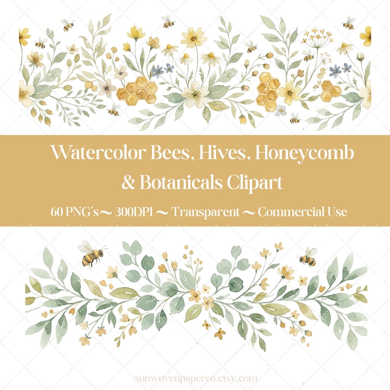 May include: Watercolor clipart featuring bees, honeycombs, and botanical elements in soft watercolor hues. The design includes bees, flowers, and leaves, with the text "Watercolor Bees, Hives, Honeycomb & Botanicals Clipart". The image also includes the text "60 PNG's ~ 300DPI ~ Transparent ~ Commercial Use".