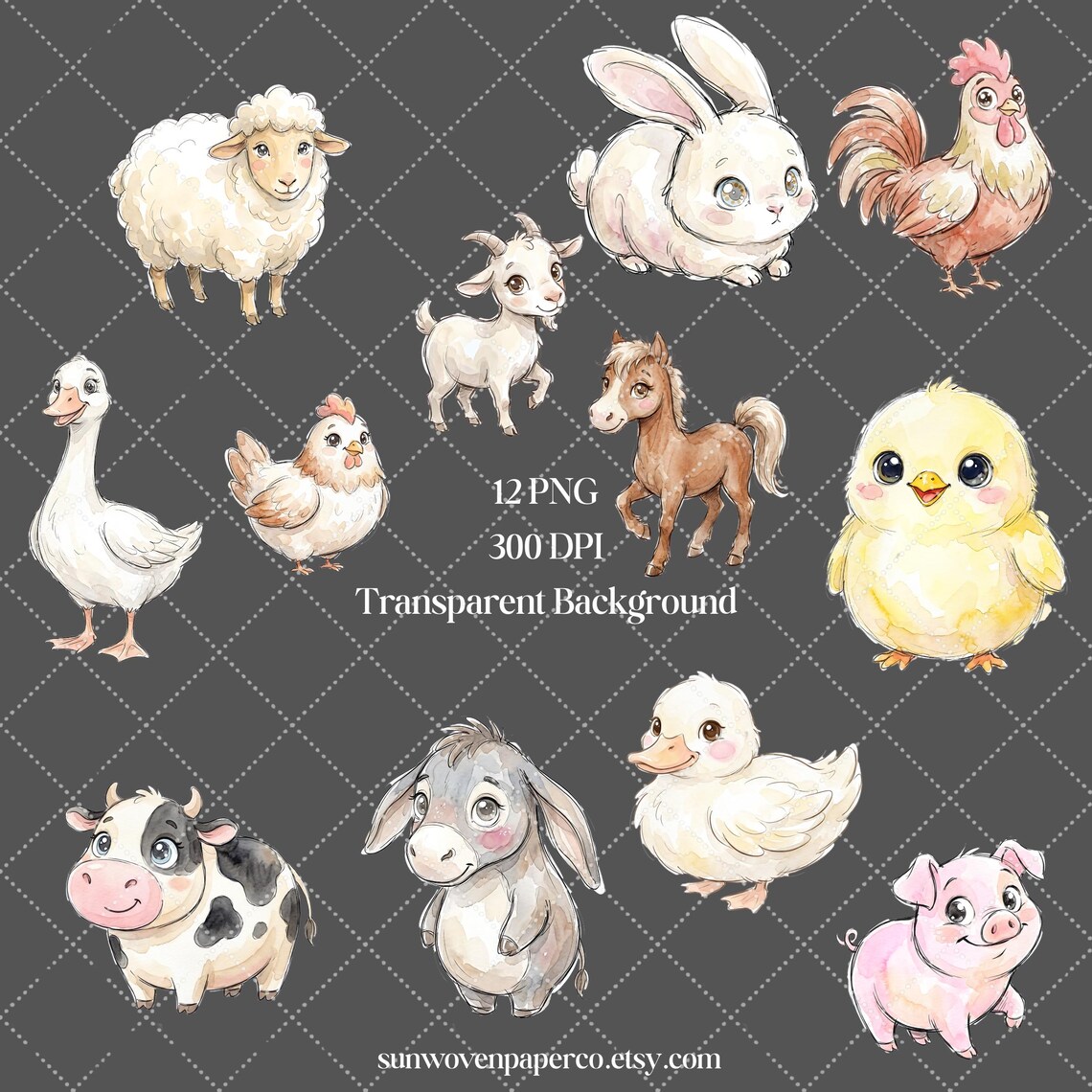 Farm Animal Clipart Bundle, Whimsical Watercolor Farm Animals PNG ...