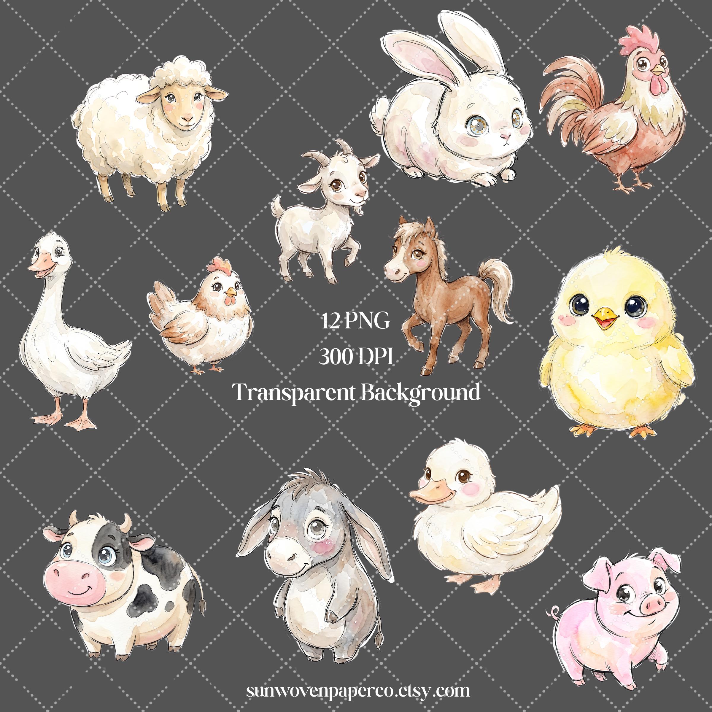 Farm Animal Clipart Bundle, Whimsical Watercolor Farm Animals PNG ...