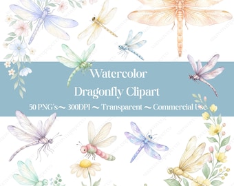 Watercolor Dragonfly Clipart Bundle PNG, 50 Dragonflies, Pastel Dragonfly Clipart, Commercial Use, Instant Download, Transparent PNG, Spring
