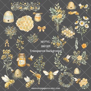 May include: Watercolor illustrations of bees, honeycombs, honey jars, and floral arrangements in yellow and green. The image includes text that reads "60 PNG 300 DPI Transparent Background" and the Etsy shop name.