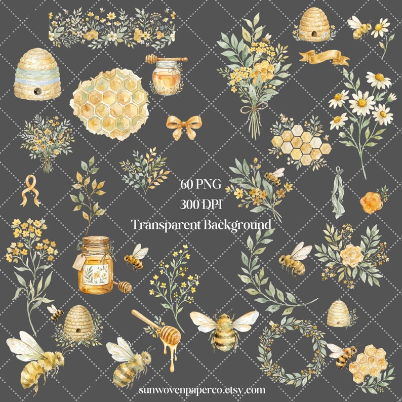 May include: Watercolor illustrations of bees, honeycombs, honey jars, and floral arrangements in yellow and green. The image includes text that reads "60 PNG 300 DPI Transparent Background" and the Etsy shop name.
