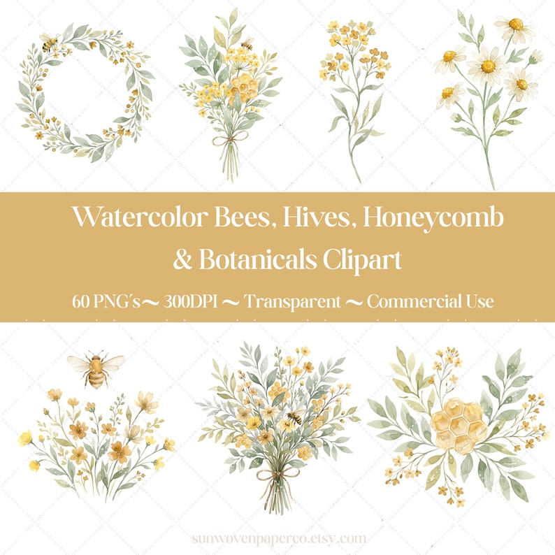 May include: Watercolor clipart featuring bees, honeycombs, and botanical elements. The image includes a wreath, bouquets, and individual floral sprigs in yellow and green. The text reads "Watercolor Bees, Hives, Honeycomb & Botanicals Clipart".