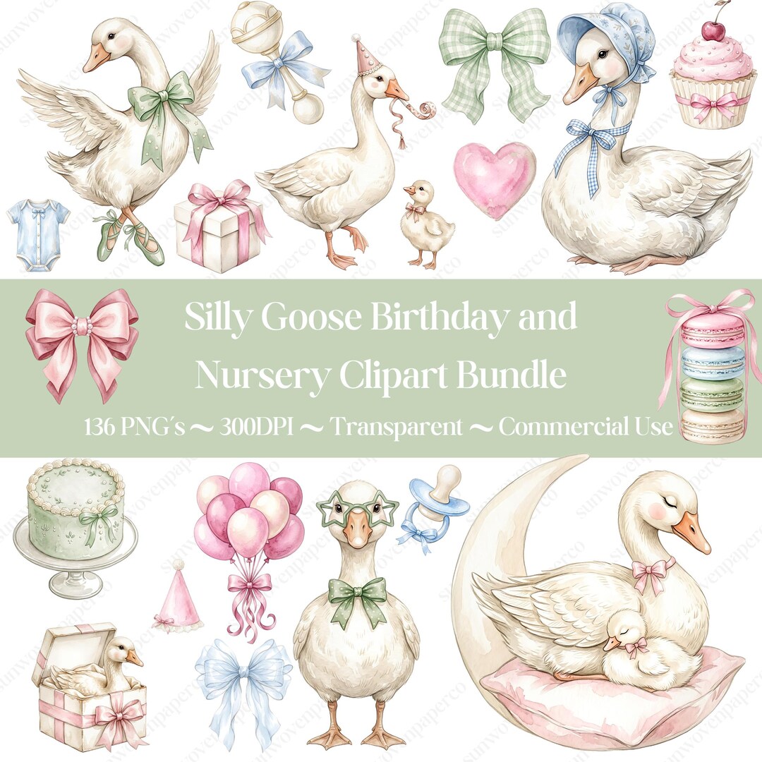 Watercolor Silly Goose Clipart Bundle, Birthday Goose PNG, Nursery ...