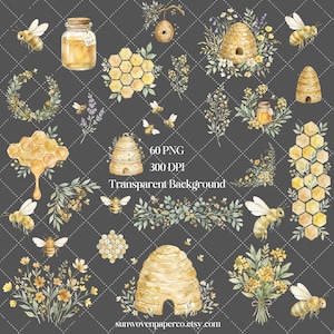 May include: Watercolor illustrations of bees, honeycombs, beehives, and floral arrangements. The image includes a jar of honey and the text "60 PNG 300 DPI Transparent Background" and the Etsy shop name.