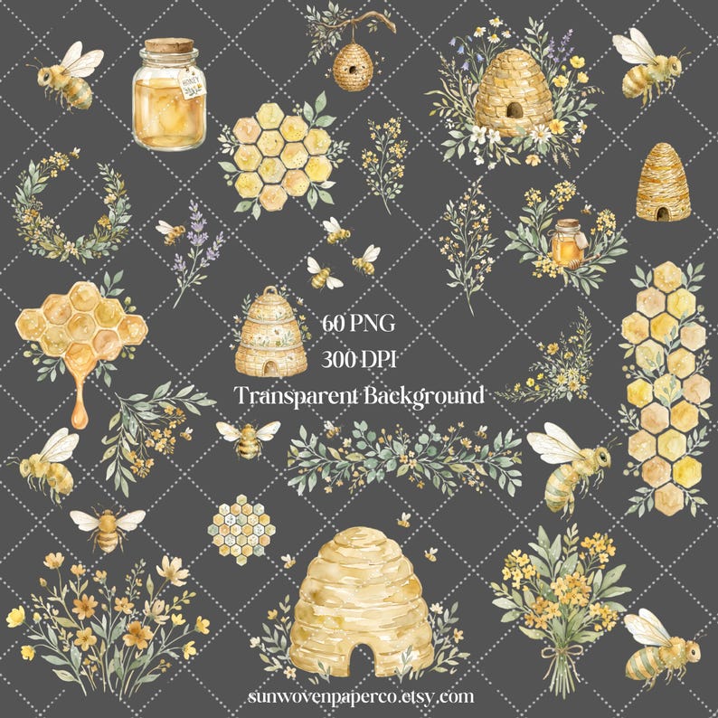 May include: Watercolor illustrations of bees, honeycombs, beehives, and floral arrangements. The image includes a jar of honey and the text "60 PNG 300 DPI Transparent Background" and the Etsy shop name.