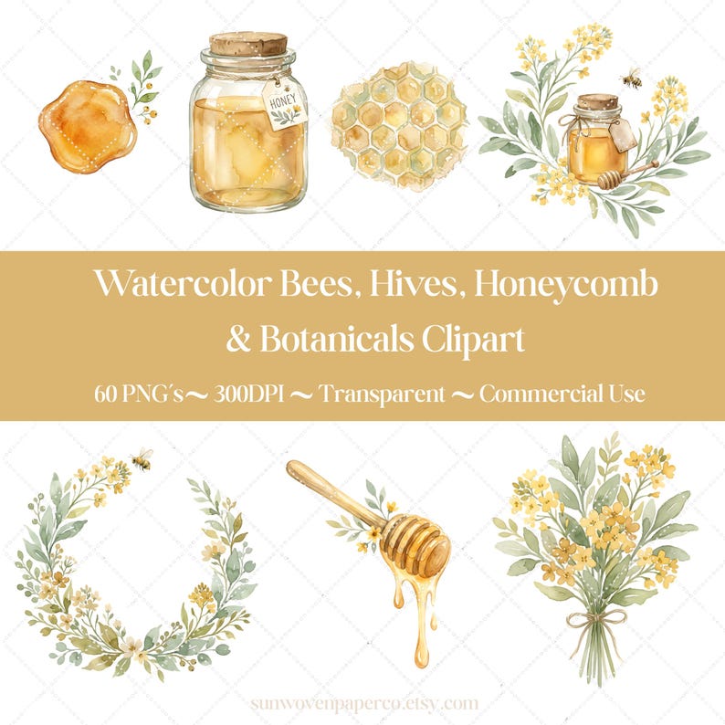 May include: Watercolor clipart featuring bees, honey, and botanical elements. Includes a jar of honey, honeycomb, and floral arrangements. The text reads "Watercolor Bees, Hives, Honeycomb & Botanicals Clipart".