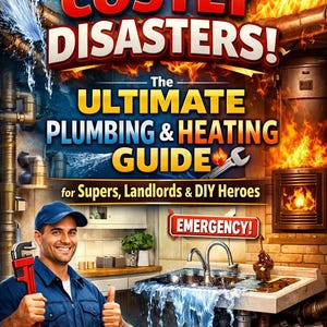 May include: A book cover with the title "PREVENT COSTLY DISASTERS!" and "The ULTIMATE PLUMBING & HEATING GUIDE." A man in a blue shirt and cap holds a wrench. The image includes text: "for Supers, Landlords & DIY Heroes," "EMERGENCY!," "AVOID DISASTERS," "FIX COMMON ISSUES," and "LEARN CRUCIAL REPAIRS!"