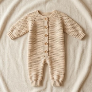 May include: A beige, knitted baby romper with long sleeves and legs. The romper has a round neckline and a button-up front with five wooden buttons. The fabric has a textured appearance, and the romper is laid flat on a cream-colored surface.