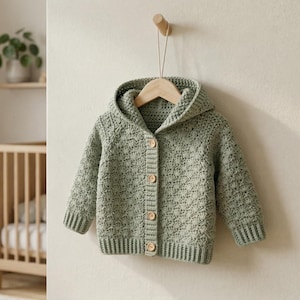 May include: A sage green, hooded crochet cardigan for a baby or toddler. The sweater has a button-up front and is hanging on a wooden hanger. The crochet stitch creates a textured pattern. The cardigan is displayed against a neutral background.