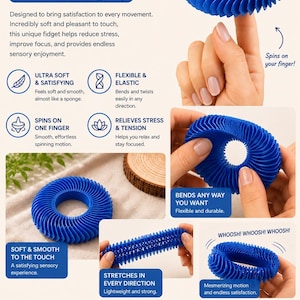 May include: A blue, circular, accordion-style fidget toy with a ribbed texture. The toy measures 3 inches in diameter and 0.8 inches in height. It is flexible, stretchable, and designed to spin on a finger. Text includes SOFT. FLEXIBLE. ADDICTIVE.