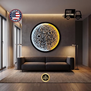 Månen 3D gips LED väggkonst, handgjord månrelieflampa MDF-ram, Celestial Decor