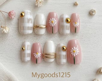 Handmade Pink Flower Press On Nails: Custom Gel Faux Acrylic Nails