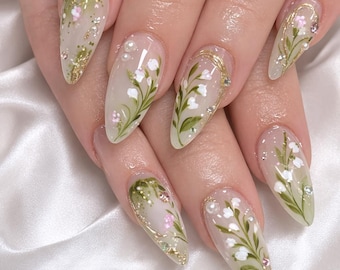 Lily of the Valley Press on Nails, Luxury Hand Painted Wedding Pearl Nails