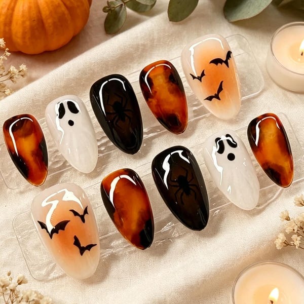 Tortoise Shell Halloween Press On Nails, Hand Painted Pumpkin Ghost Fake Tip, Autumn Spooky Season Glue Fake Set