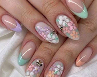 Pastel Floral Press On Nails with Gold Bee, Spring French Tip Nails