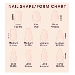 以下が含まれることがあります： ネイルの形と形のチャートで、短いスクエア、オーバル、アーモンド、ミディアムとロングの棺、スクエア、アーモンド、スティレットなど、さまざまなネイルの形のイラストが描かれています。測定値はミリメートルです。