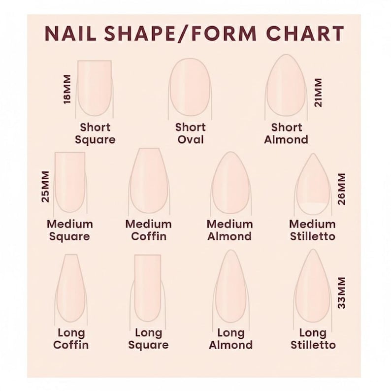 以下が含まれることがあります： ネイルの形と形のチャートで、短いスクエア、オーバル、アーモンド、ミディアムとロングの棺、スクエア、アーモンド、スティレットなど、さまざまなネイルの形のイラストが描かれています。測定値はミリメートルです。