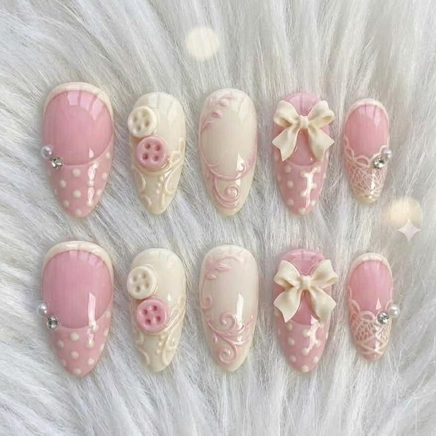 Pink Balletcore Press on Nails, 3D Bow Ribbon Lace Art, Coquette Fake ...