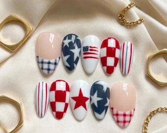 Hand Painted 4th of July Press On Nails, Patriotic Red White Blue, Americana Star Nail Art, Independence Day Fake Nails