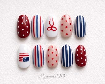 Handmade Patriotic Press On Nails: Red, White, Blue Polka Dot Stripe American Flag Set
