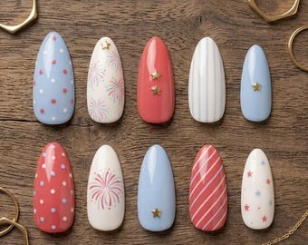 4th of July Press On Nails | Pastel Patriotic Nail Set |Red Blue White False Pieces | Soft Star Firework Design | Summer