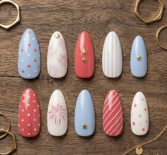 4th of July Press On Nails | Pastel Patriotic Nail Set |Red Blue White False Pieces | Soft Star Firework Design | Summer