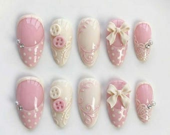 Pink Balletcore Press On Nails, 3D Bow Ribbon Lace Art, Coquette Fake Nails