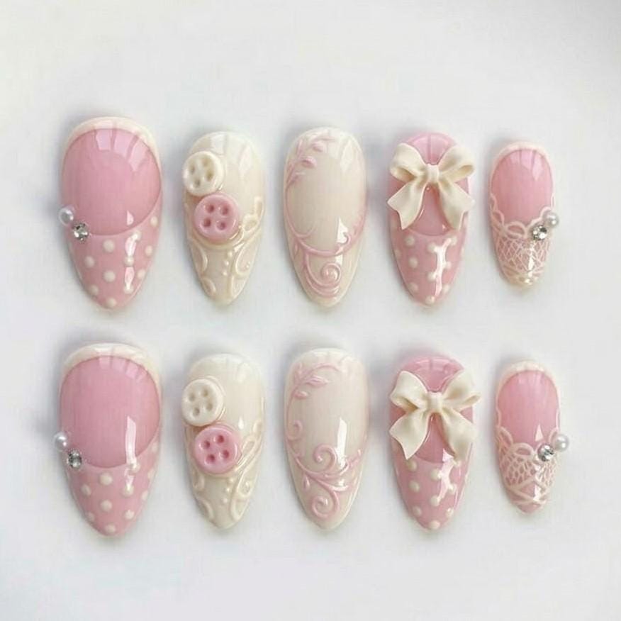 Pink Balletcore Press on Nails, 3D Bow Ribbon Lace Art, Coquette Fake ...